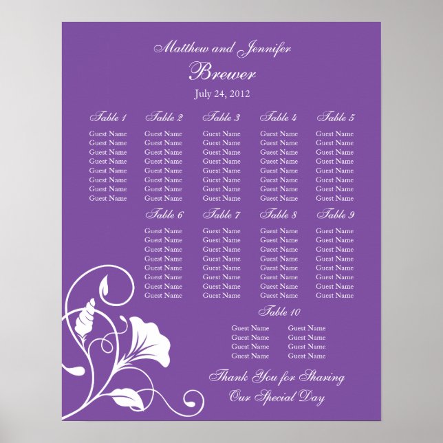 Wedding Reception Seating Chart - Standard Sizes (Front)