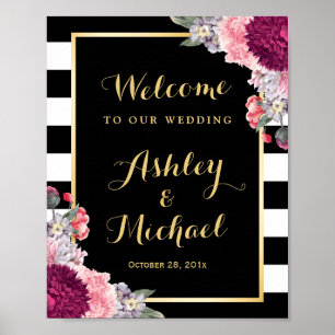 Wedding Reception Sign Burgundy Floral Stripes