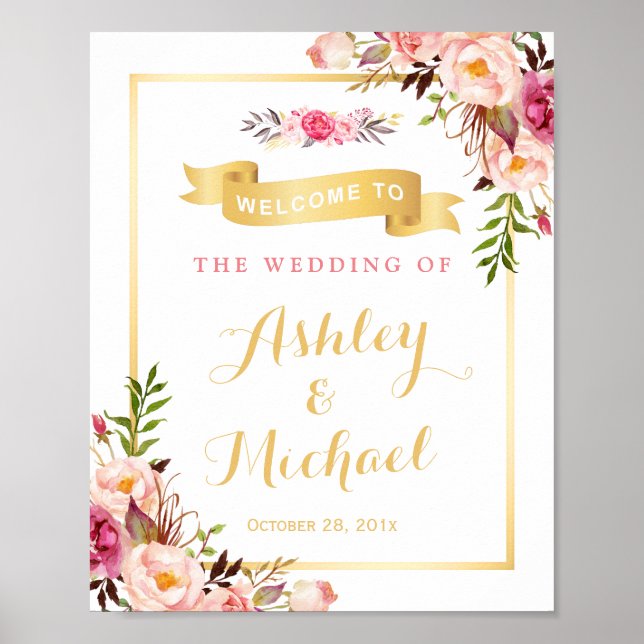 Wedding Reception Sign Elegant Chic Floral Gold (Front)
