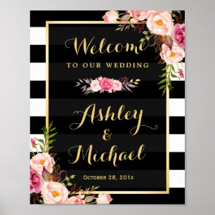 Wedding Reception Sign Gold Vintage Floral Stripes