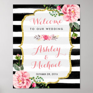 Wedding Reception Sign Stripes Floral Gold Glitter