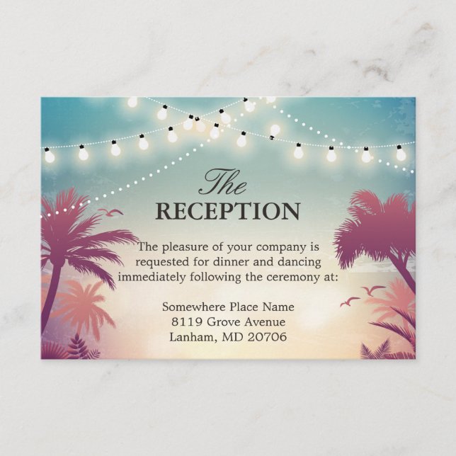 Wedding Reception Summer String Lights Palm Tree Enclosure Card (Front)