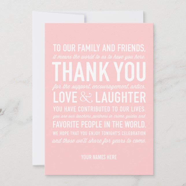 Wedding Reception Thank You Message Card in Pink (Front)