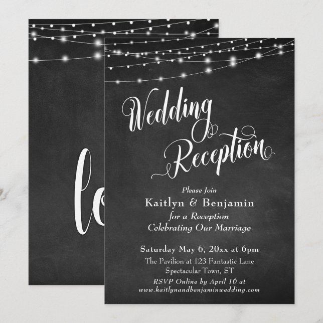 Wedding Reception Typography Chalkboard Lights Invitation (Front/Back)