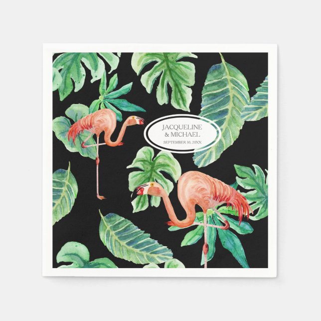 Wedding Reception Watercolor Pink Flamingo Leaf Napkin (Front)