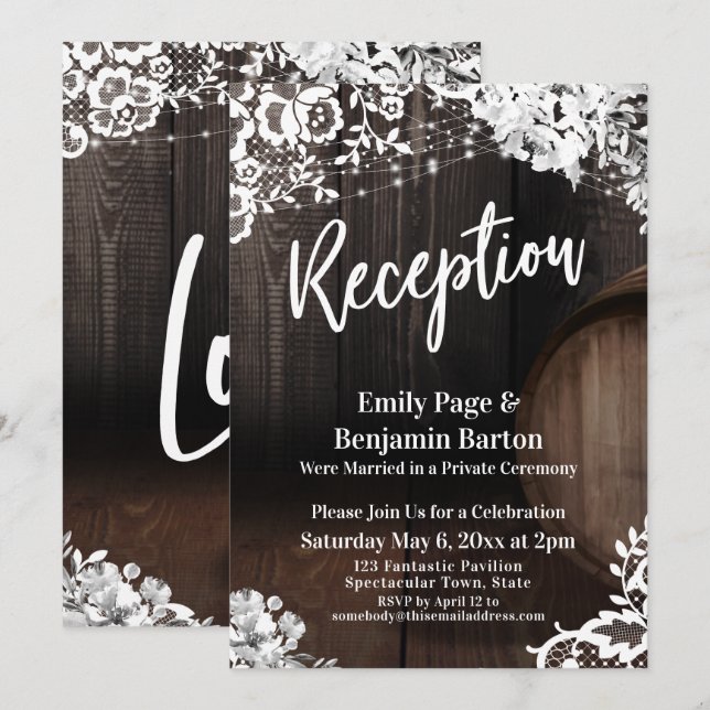 Wedding Reception Wood Barrel Lace Lights Flowers Invitation (Front/Back)