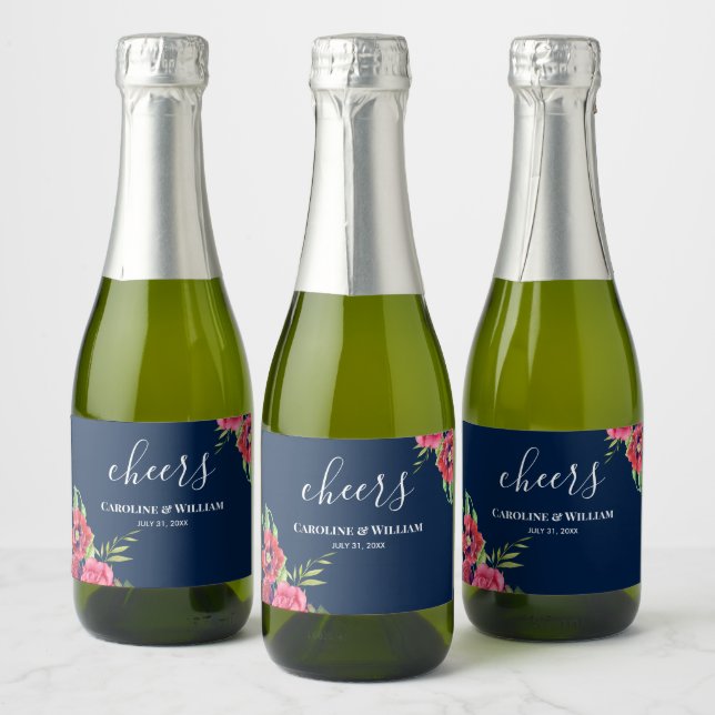 Wedding Red and Pink Flowers Dark Navy Blue Sparkling Wine Label (Bottles)