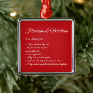 Wedding red Couple Fun Facts Custom Script names  Metal Ornament