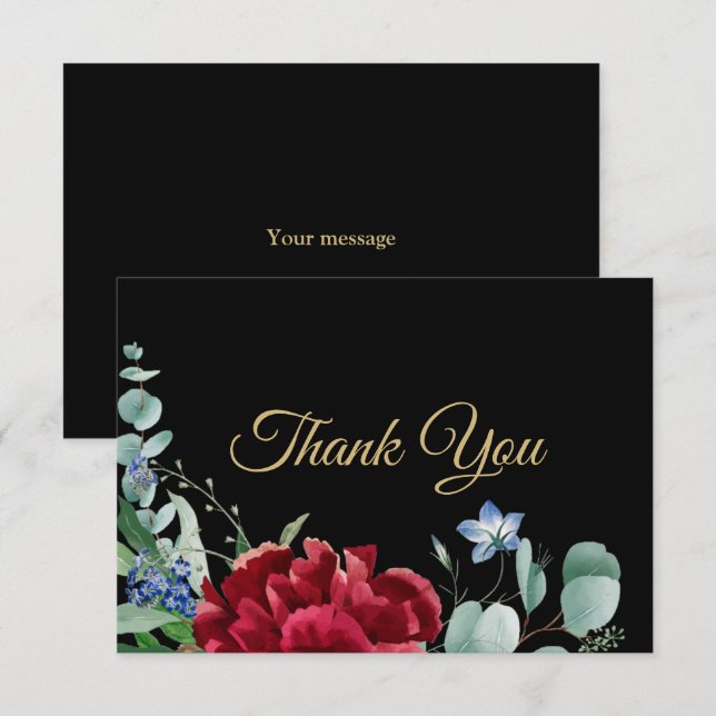 Wedding Red Flower Green Leaves Golden Frame Black Thank You Card (Front/Back)