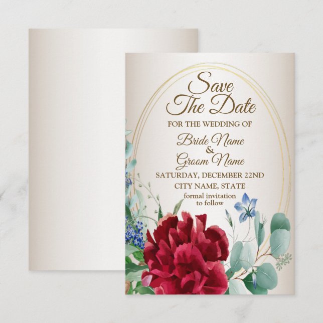 Wedding Red Flower Green Leaves Golden Frame Tan Save The Date (Front/Back)