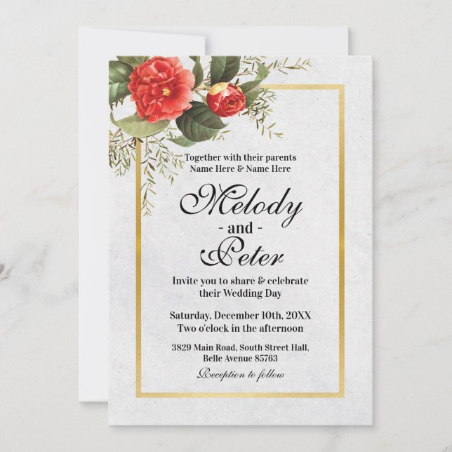 Wedding Red Flowers Gold Gray Festive Christmas Invitation (Front)