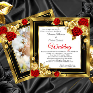 Wedding Red Gold Roses Black Gold Photo Invitation