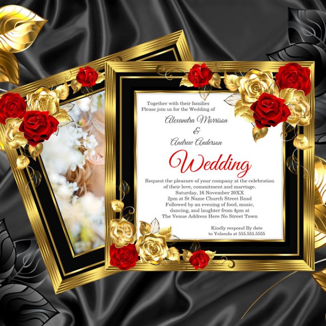 Wedding Red Gold Roses Black Gold Photo Invitation (Creator Uploaded)