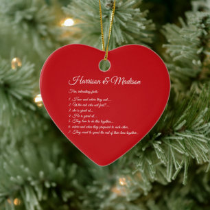 Wedding red heart Couple Fun Facts Custom Photo Ceramic Ornament