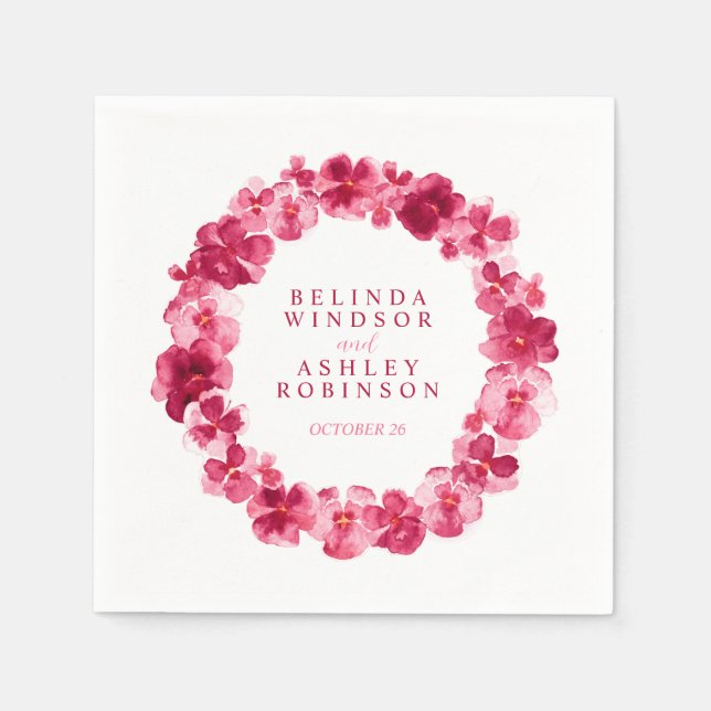 Wedding red pink pansy flower wreath custom napkin (Front)
