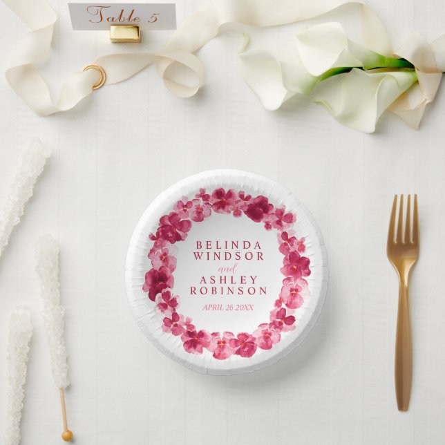 Wedding red pink watercolor pansy wreath custom paper plate (Wedding)