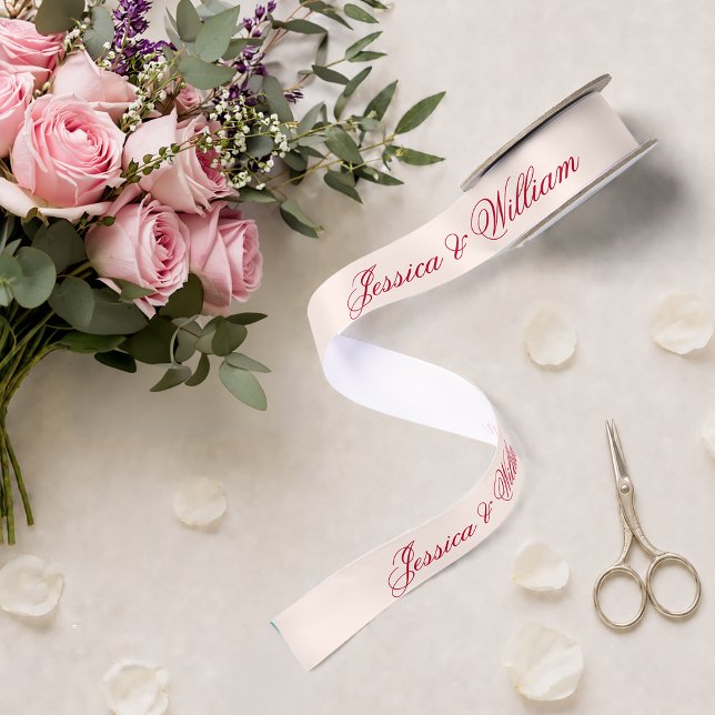 Wedding Red Script Blush Pink Simple Calligraphy Satin Ribbon (Creator Uploaded)