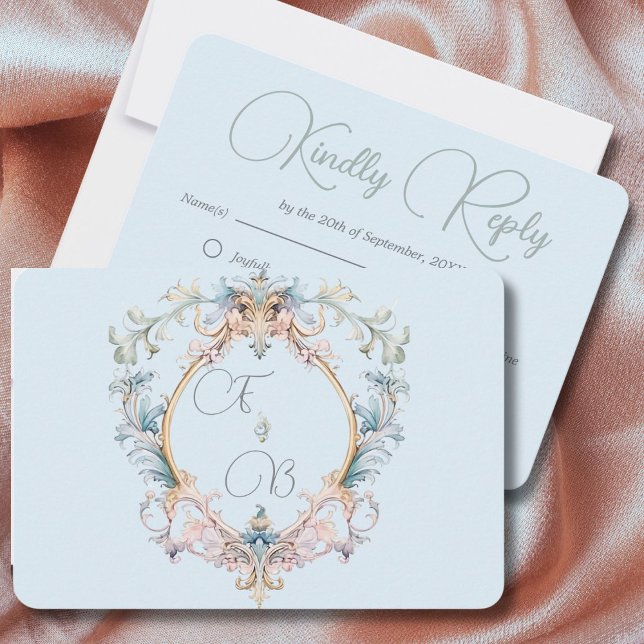 Wedding Regency Era Blue Monogram Elegant Wedding RSVP Card (Creator Uploaded)
