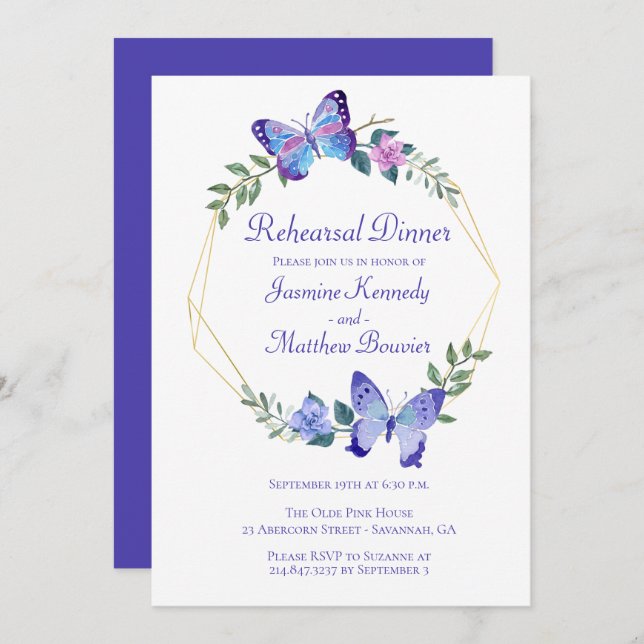 Wedding Rehearsal Butterfly Blue Butterflies Invitation (Front/Back)
