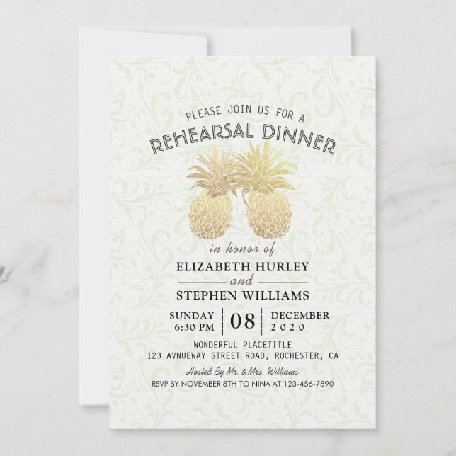 Wedding Rehearsal Dinner Chic Gold Foil Pineapples Invitation (Front)
