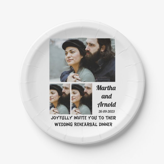Wedding Rehearsal Dinner custom 3 Photo Collage  Paper Plate (Front)