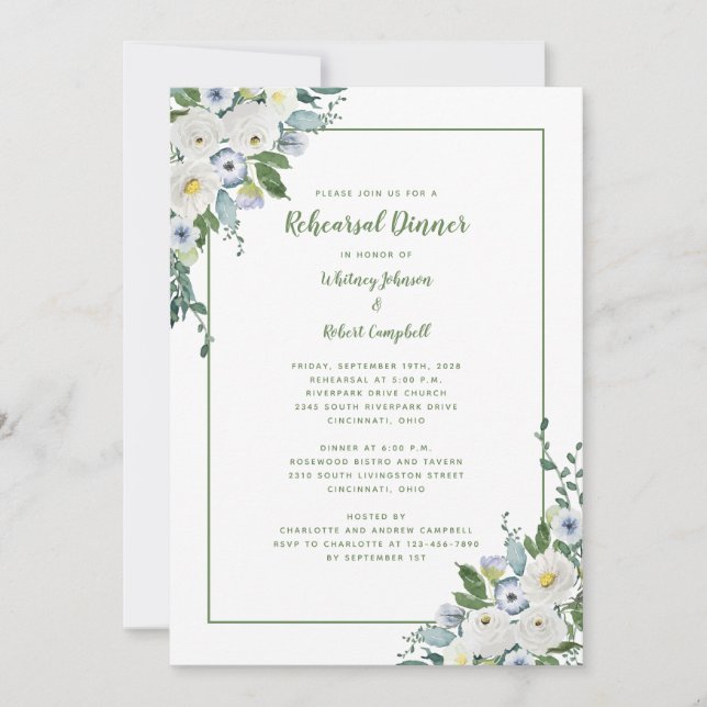 Wedding Rehearsal Dinner Elegant Floral Green Chic Invitation (Front)