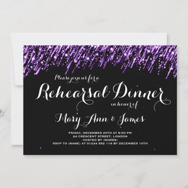 Wedding Rehearsal Dinner Falling Stars Purple Invitation (Front)