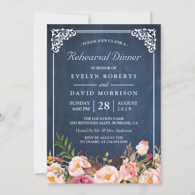 Wedding Rehearsal Dinner Floral Blue Chalkboard Invitation (Front)