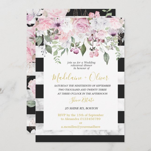 Wedding Rehearsal Dinner Floral Marble Black Chic  Invitation (Front/Back)