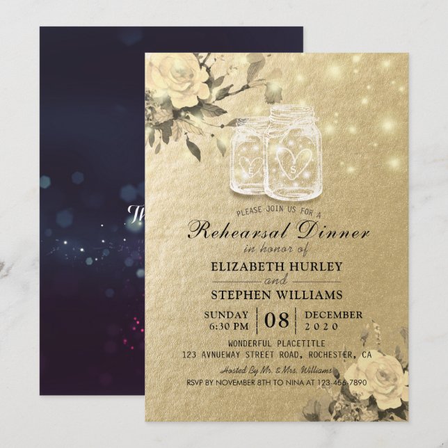 Wedding Rehearsal Dinner Floral Mason Jar Lights Invitation (Front/Back)