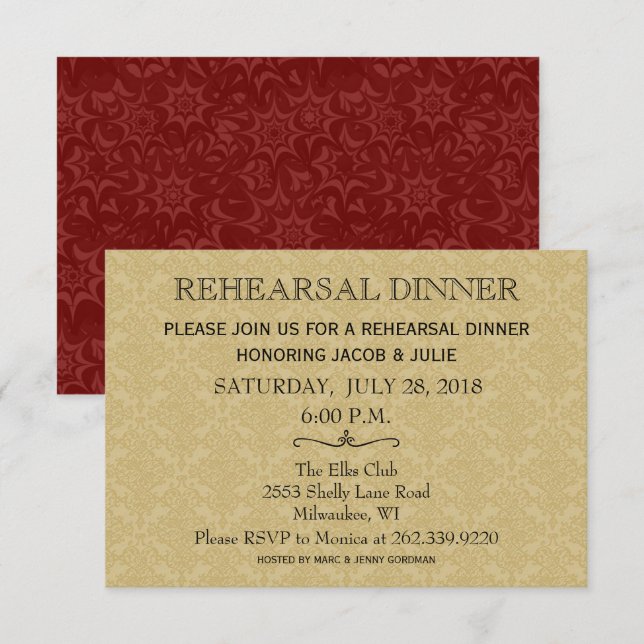 Wedding Rehearsal Dinner / Gold & Maroon Damask Invitation (Front/Back)