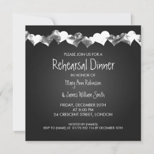 Wedding Rehearsal Dinner Grunge Hearts Black Invitation