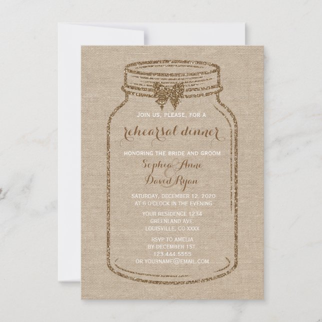 Wedding REHEARSAL DINNER | Mason Jar Linen Canvas Invitation (Front)