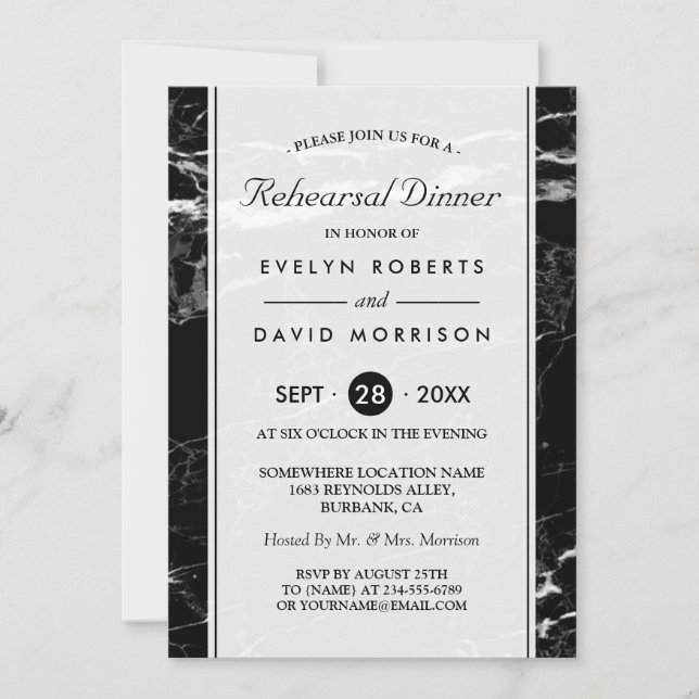 Wedding Rehearsal Dinner Modern Black White Marble Invitation (Front)