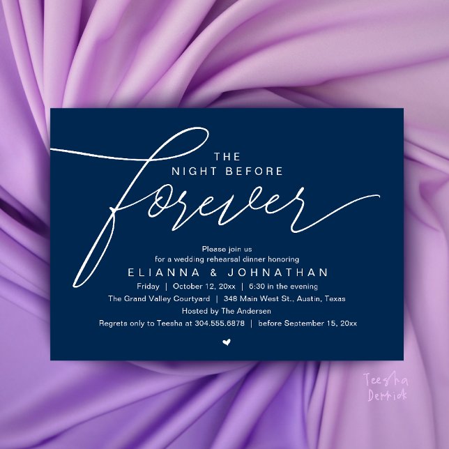 Wedding Rehearsal Dinner, Modern Elegant Script Invitation (The Night Before Forever, Wedding Rehearsal Dinner, Modern Elegant Invites Card in Navy Blue)