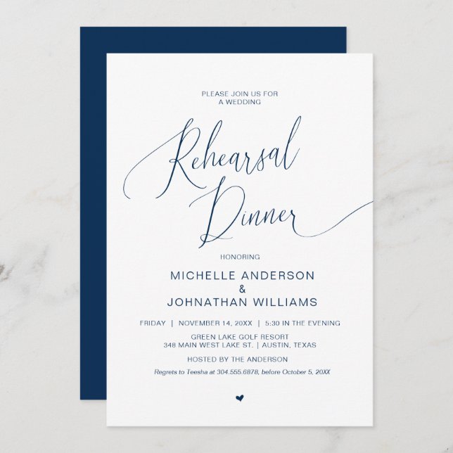 Wedding Rehearsal Dinner, Modern Navy Blue Invitat Invitation (Front/Back)