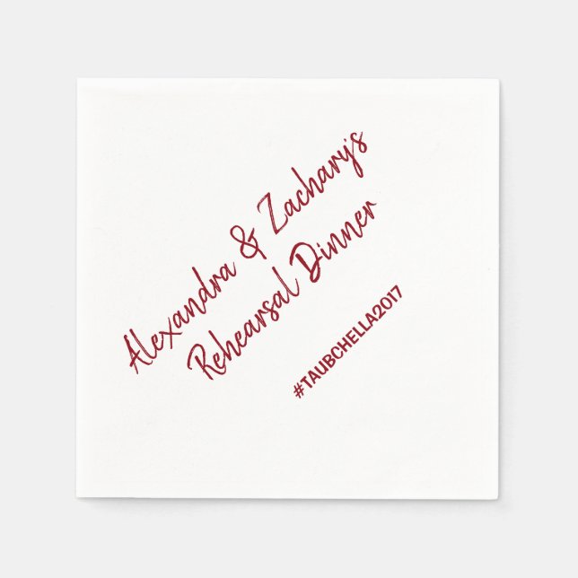 Wedding Rehearsal Dinner Napkins Hashtag Deep Red (Front)