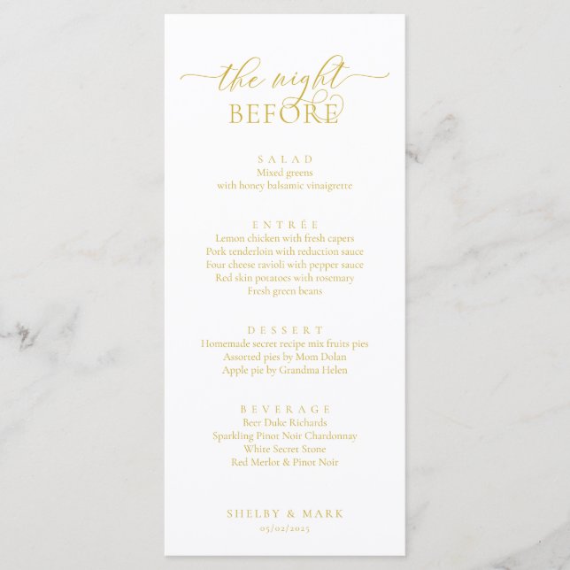 Wedding Rehearsal Dinner, Romantic Yellow Gold Menu (Front)