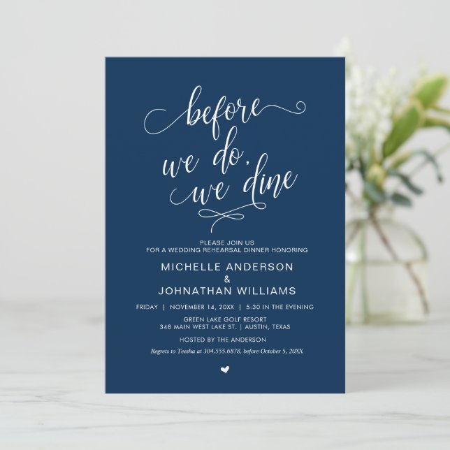 Wedding Rehearsal Dinner, Simple Navy Blue Script, Invitation (Standing Front)