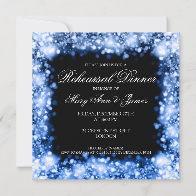 Wedding Rehearsal Dinner Sparkling Lights Sapphire Invitation (Front)