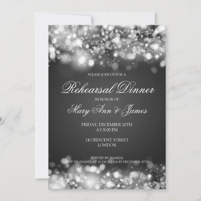 Wedding Rehearsal Dinner Sparkling Lights Silver Invitation (Front)