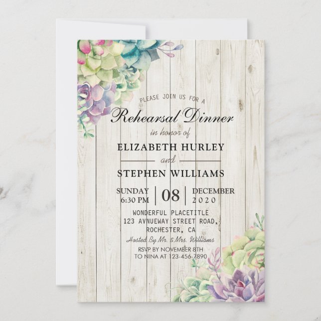 Wedding Rehearsal Dinner Succulent Rustic Wood Invitation (Front)