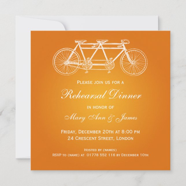 Wedding Rehearsal Dinner Tandem Bike Orange Invitation (Front)