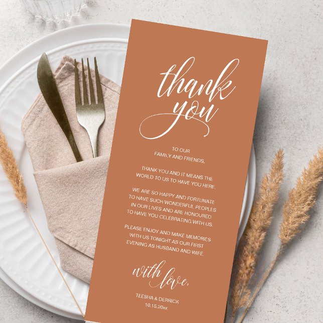 Wedding Rehearsal Dinner Thank You Card (Modern Romantic Wedding Reception Dinner Thank You Card in Copper Brown Terracotta)