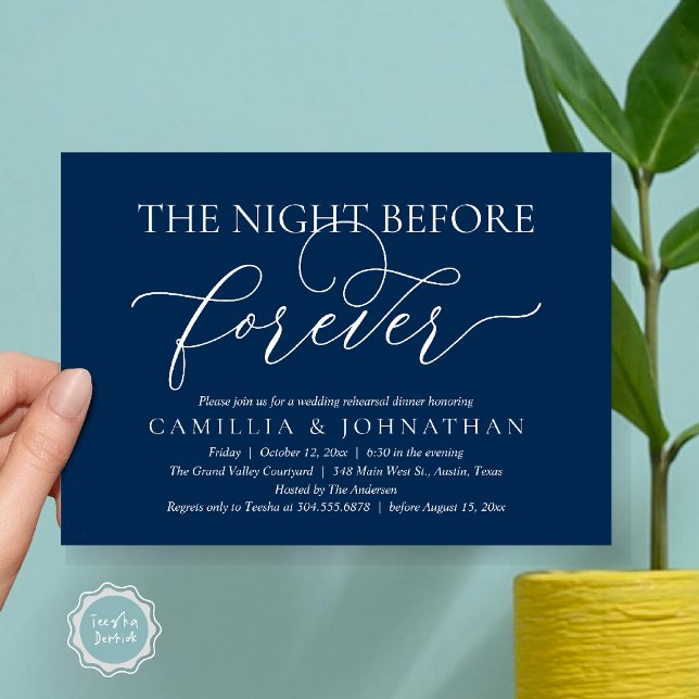 Wedding Rehearsal Dinner, The Night Before Forever Invitation (The Night Before Forever Wedding Rehearsal Dinner Romantic Classy Invites Card PDF in Navy Blue)