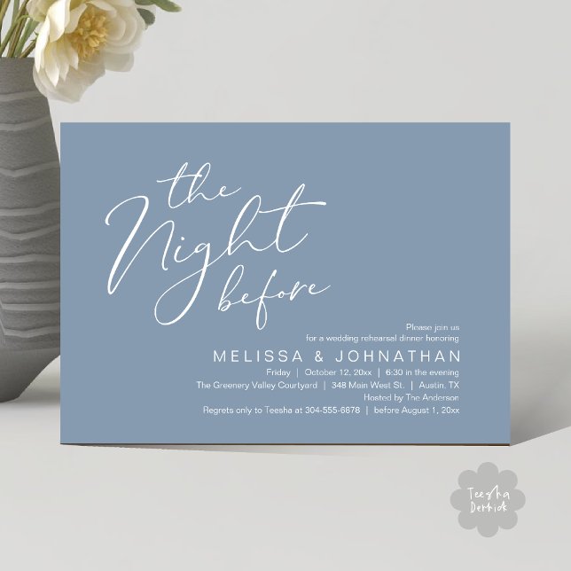 Wedding Rehearsal Dinner The Night Before  Invitation (The Night Before Romantic Modern Wedding Rehearsal Dinner Aesthetic Invites PDF Classy Dusty Blue)