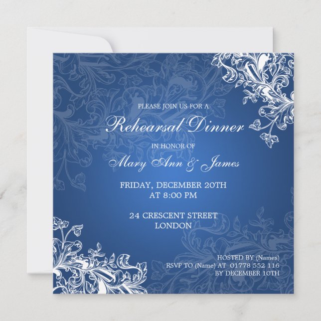 Wedding Rehearsal Dinner Vintage Swirls Blue Invitation (Front)