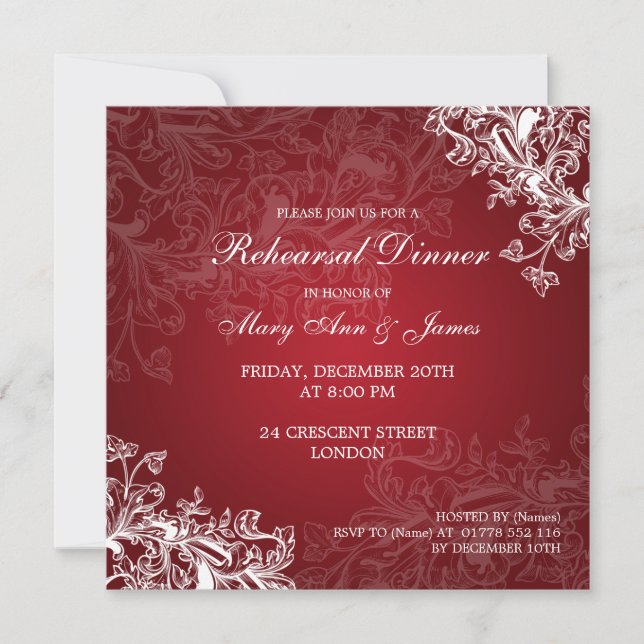 Wedding Rehearsal Dinner Vintage Swirls Red Invitation (Front)