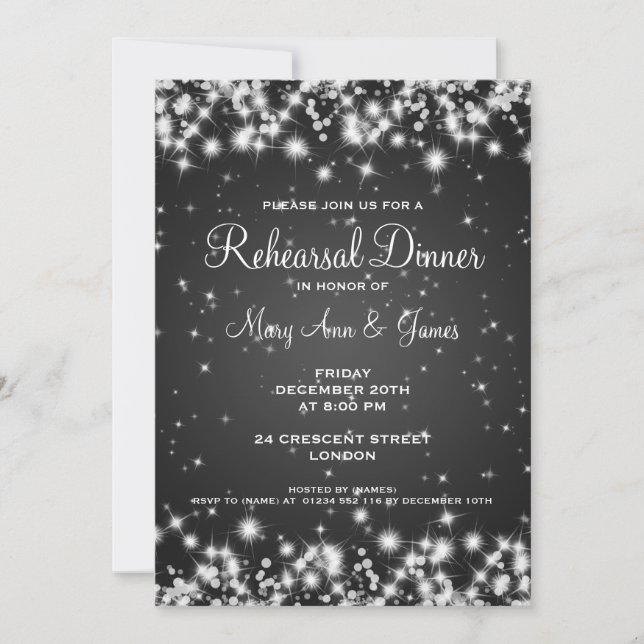 Wedding Rehearsal Dinner Winter Sparkle Black Invitation (Front)