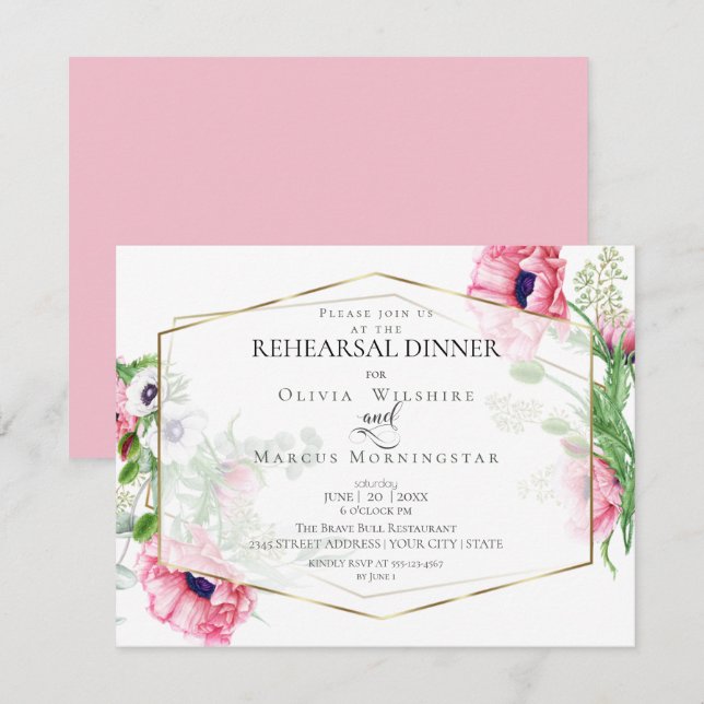WEDDING REHEARSAL | Pink Watercolor Poppies Floral Invitation (Front/Back)